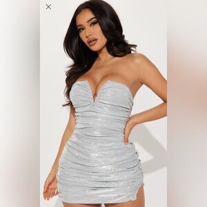 Fashion Nova Glittering Silver Strapless Dress